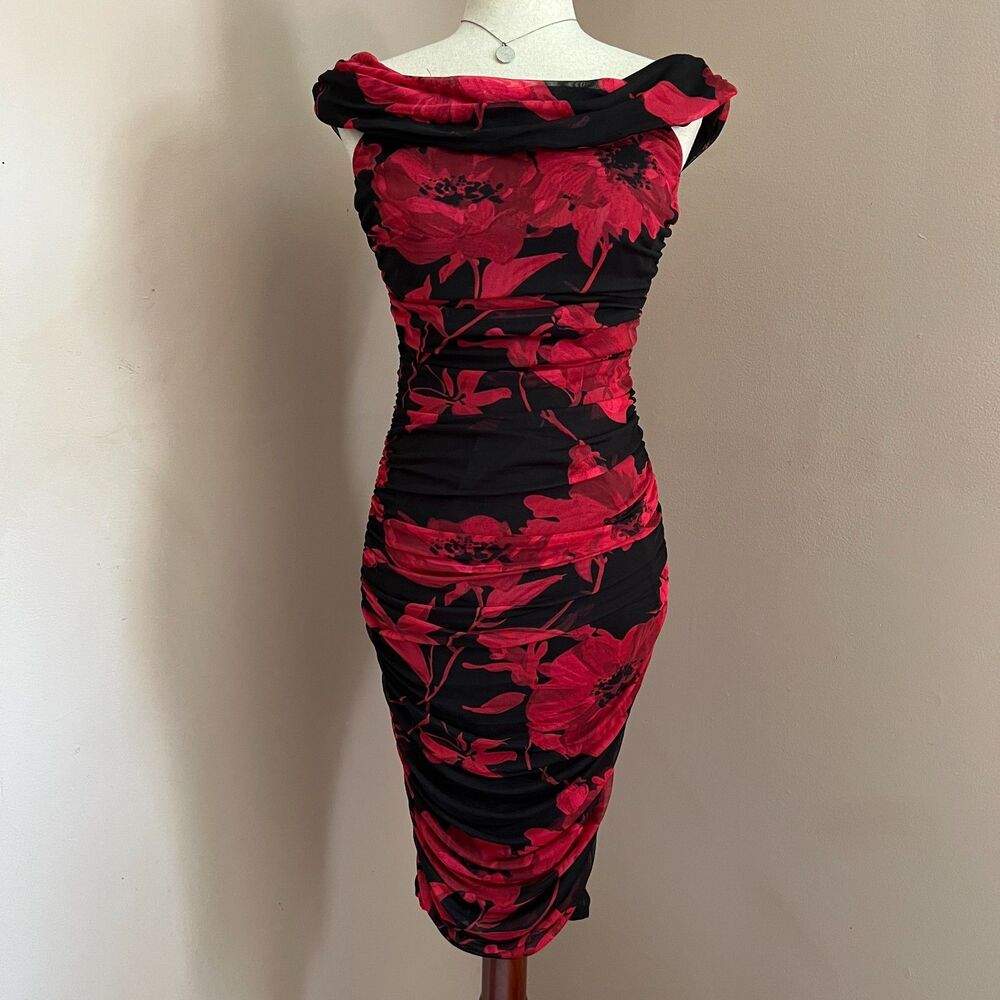 Whimsygoth Premier Amour Black Red Floral Ruched Off Shoulder Midi Dress Size 8